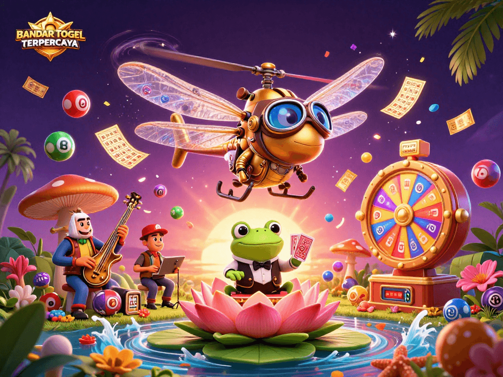 BANDAR TOGEL TERPERCAYA presents an exhilarating scene with a dragonfly helicopter pilot, frog croupier, and jazz musicians.