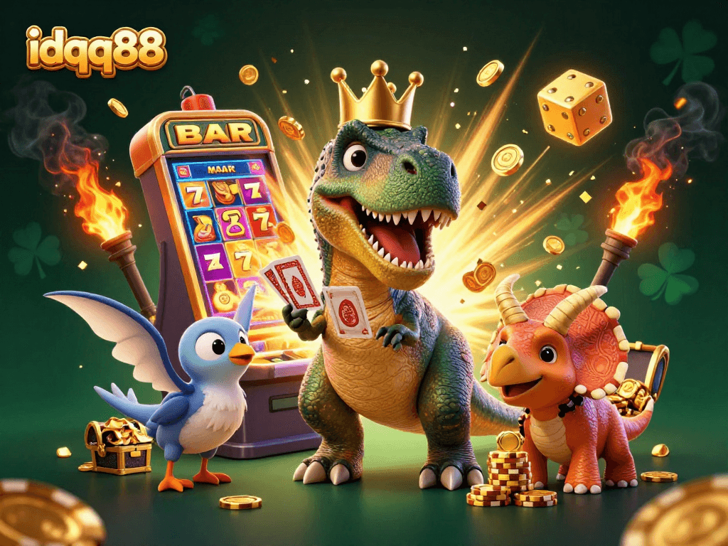 Play slots at idqq88 with our cartoon T-Rex dealer and pterodactyl assistant in a vibrant casino scene.