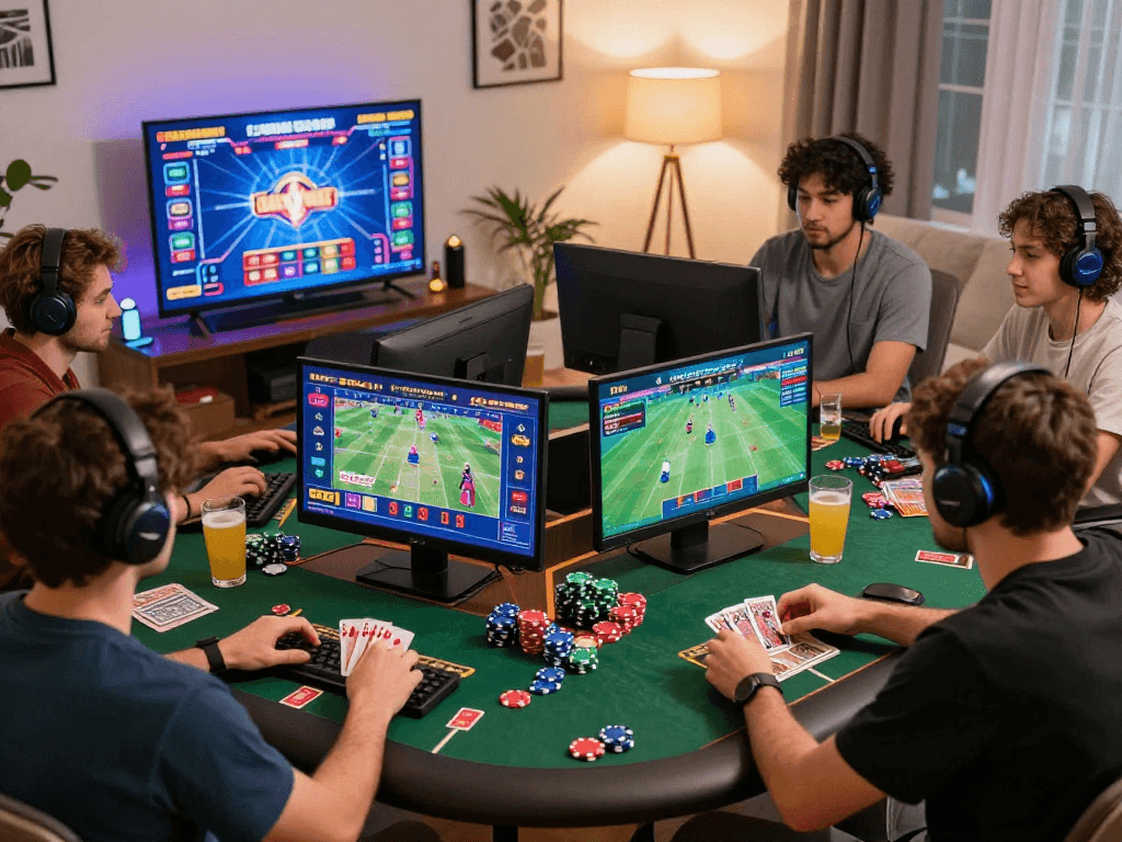 Pengalaman perjudian online di vegas4d, pemain bersenang-senang di ruang tamu dengan perangkat digital.