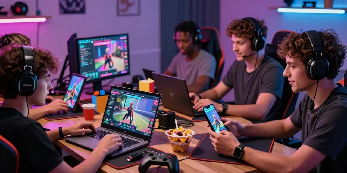 Engaging group playing game sex on multiple devices in a vibrant gaming room.
