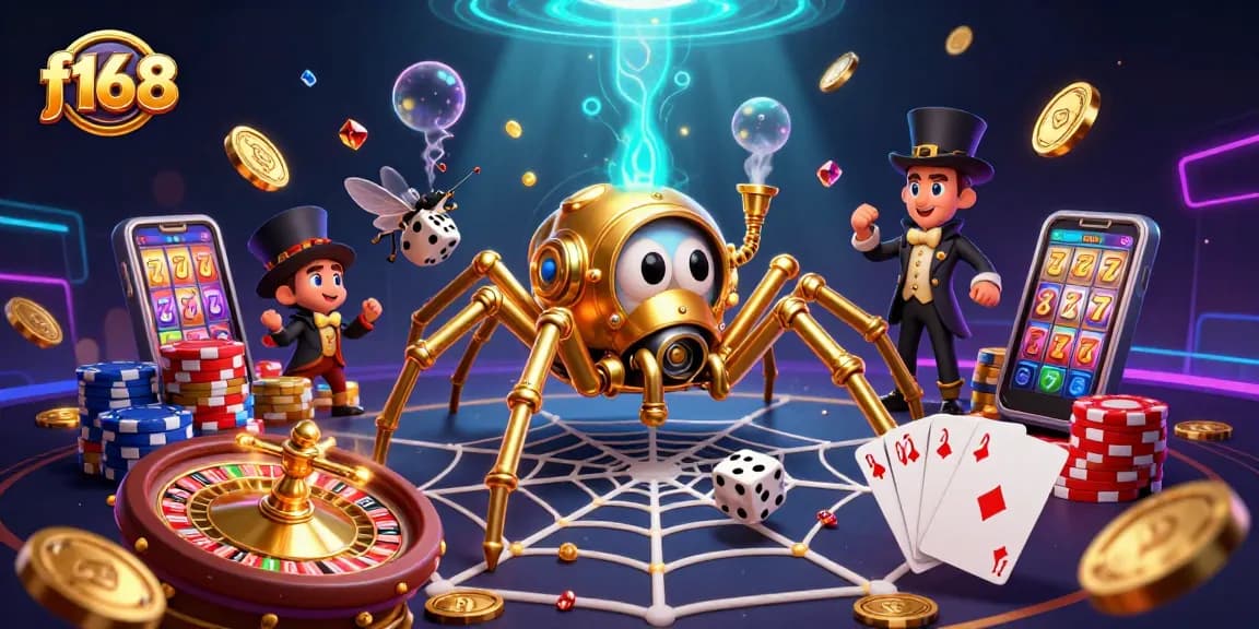 f168 showcases a dynamic casino scene with a golden spider and roulette wheel, capturing the thrill of gaming.