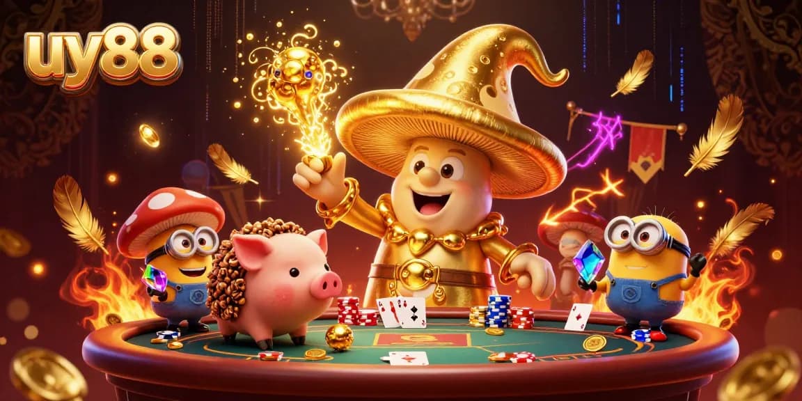 Play casino games at uy88 with a magical golden mushroom wizard and treasure-filled poker scene.
