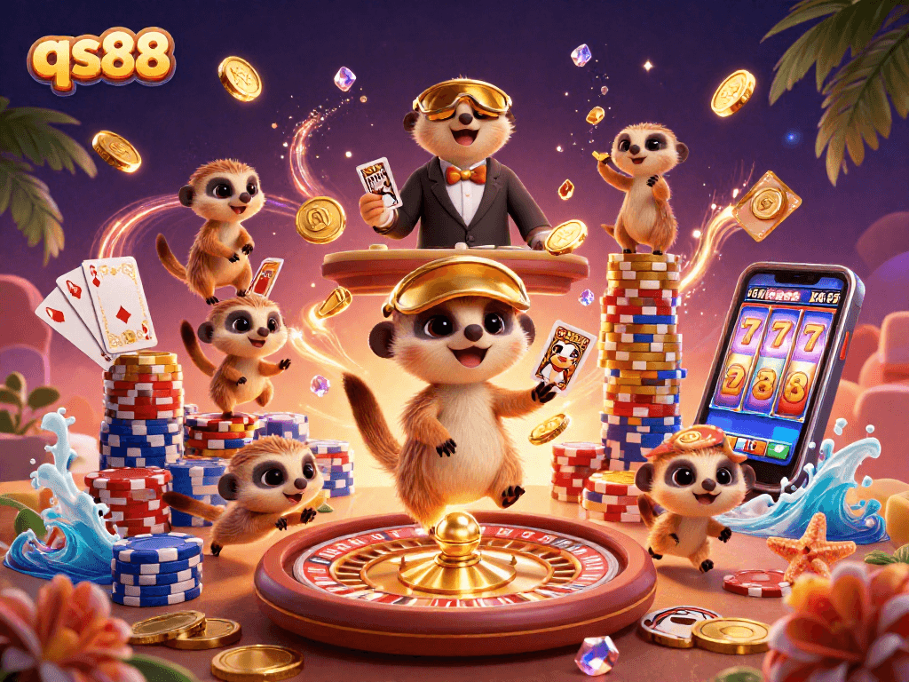 qs88 meerkats running a colorful casino operation amidst sparkling gems and coins