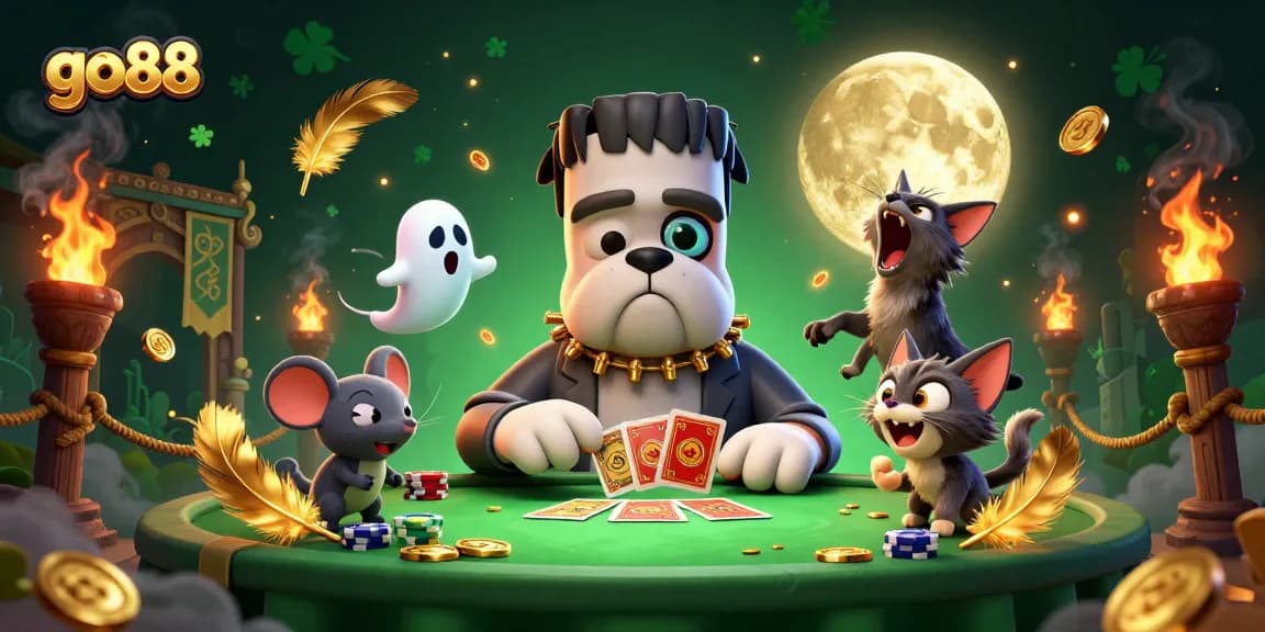 Engage in thrilling card games with go88 in a dynamic, vibrant casino scene featuring unique characters.