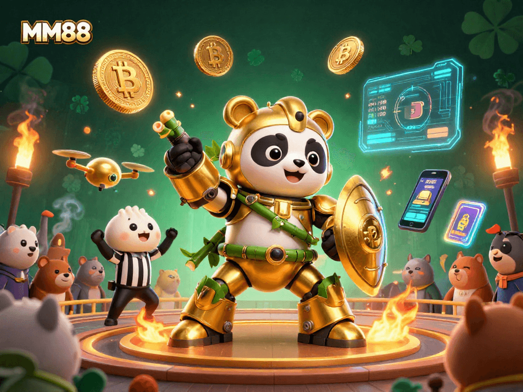 Engage with MM88's vibrant gaming scene featuring a golden panda battling in a lively casino arena.