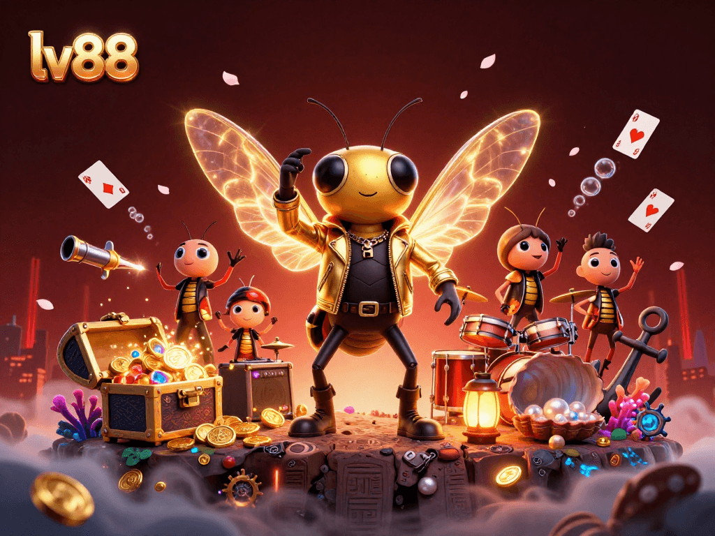 Engage with lv88 gaming excitement as a rock star cicada rolls out, surrounded by dynamic casino treasures.
