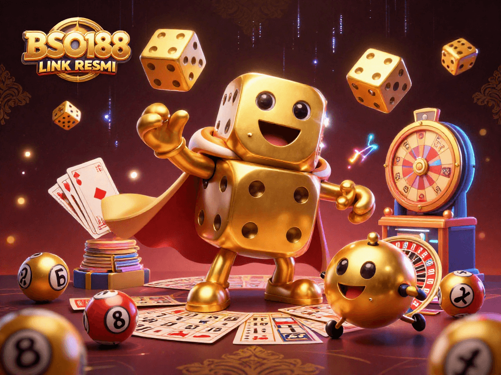 Engage in vibrant gaming with BSO188 LINK RESMI featuring a lively illustration of dice and lottery elements.