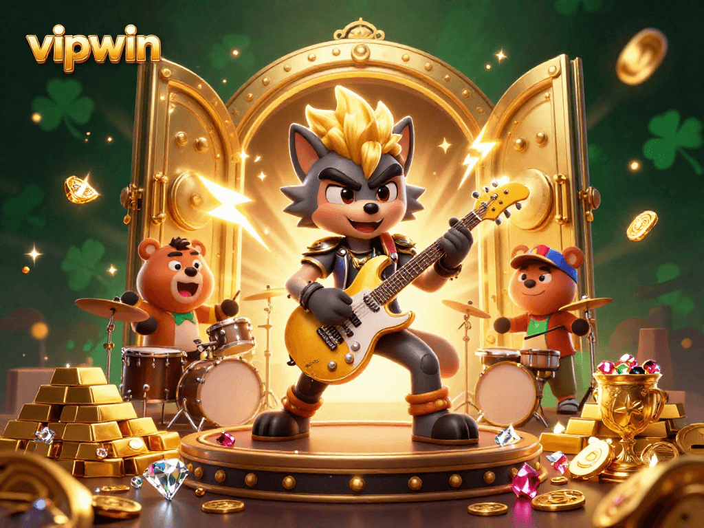 Win big at vipwin with an electrifying casino scene featuring rock star characters!