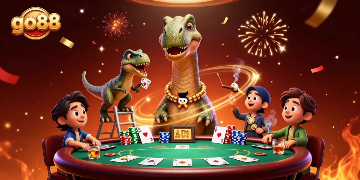 Engage with go88 at a vibrant poker table in a dynamic casino scene with playful dinosaurs.