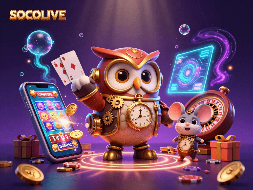 SOCOLIVE showcases an animated owl time-traveler playing casino slots, illustrating vibrant gambling excitement.