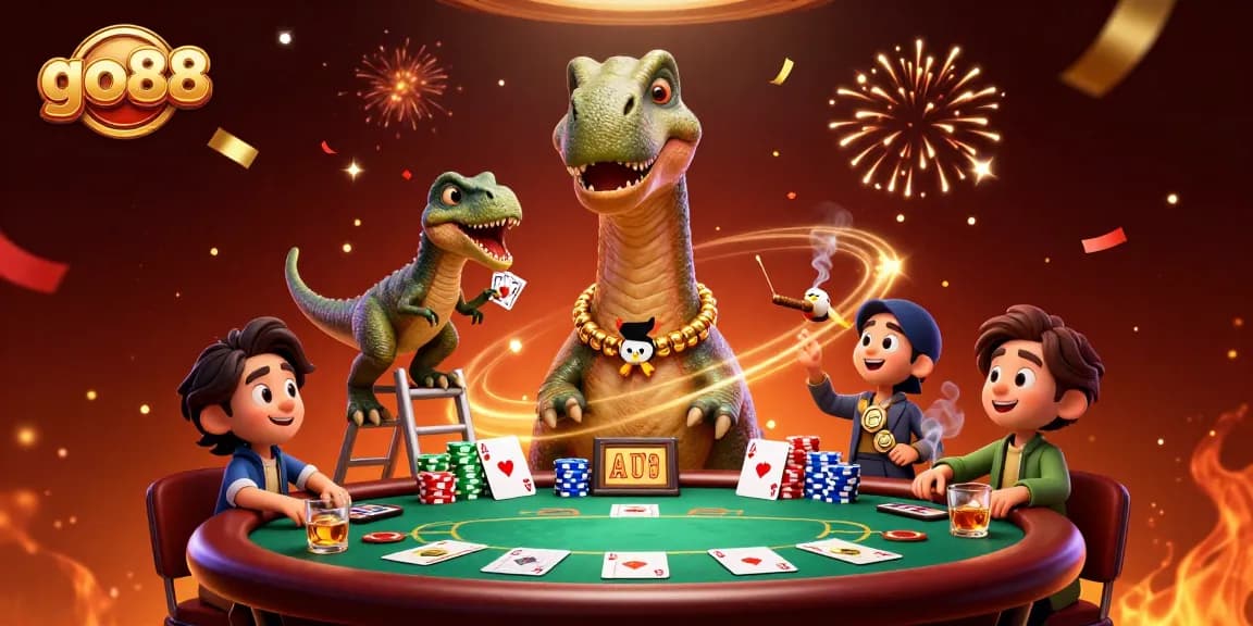 Engage with go88 at a vibrant poker table in a dynamic casino scene with playful dinosaurs.