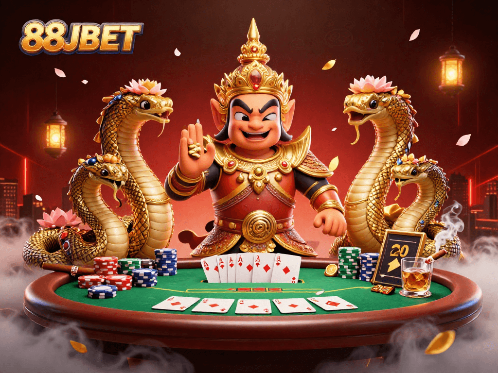 Engage with 88JBET at a vibrant casino scene featuring a guardian, Naga companions, and poker elements.
