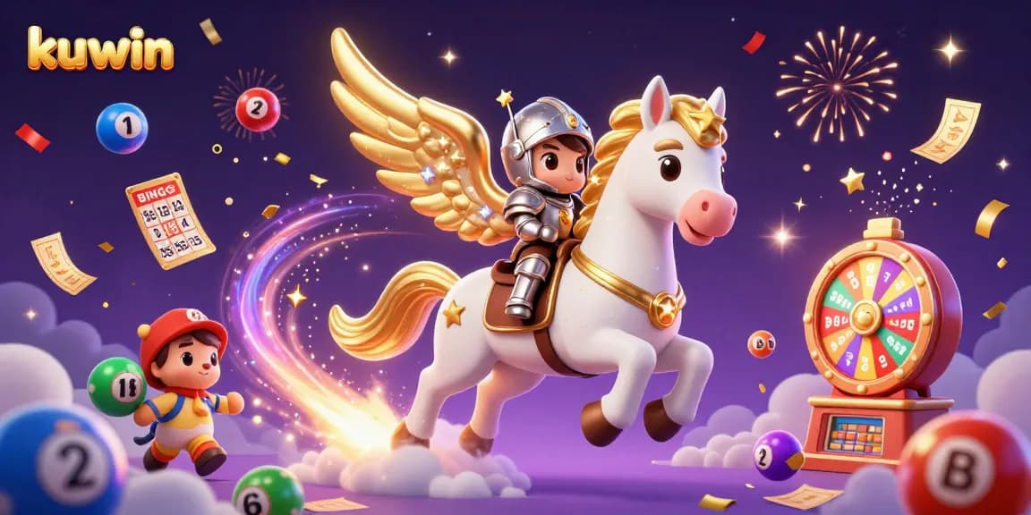 Win big with kuwin while enjoying a colorful 3D casino-themed illustration featuring vibrant game elements and characters.