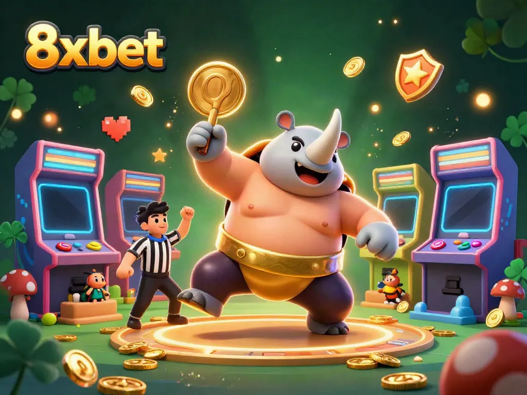 Experience excitement at 8xbet with a dynamic scene of the sumo beetle champion winning big and charming spectators in a casino environment.