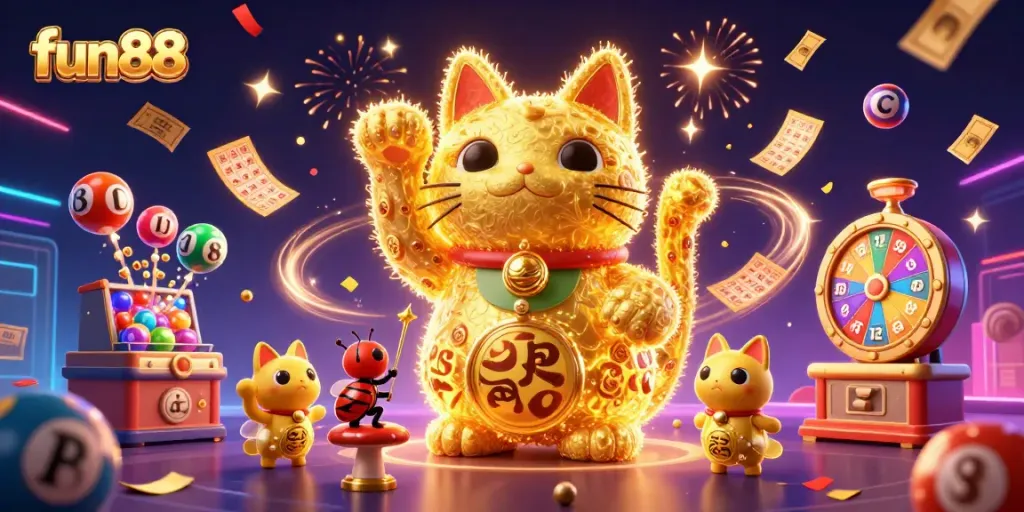 Join the excitement with fun88 as golden fireflies create a lucky cat in this vibrant casino illustration.