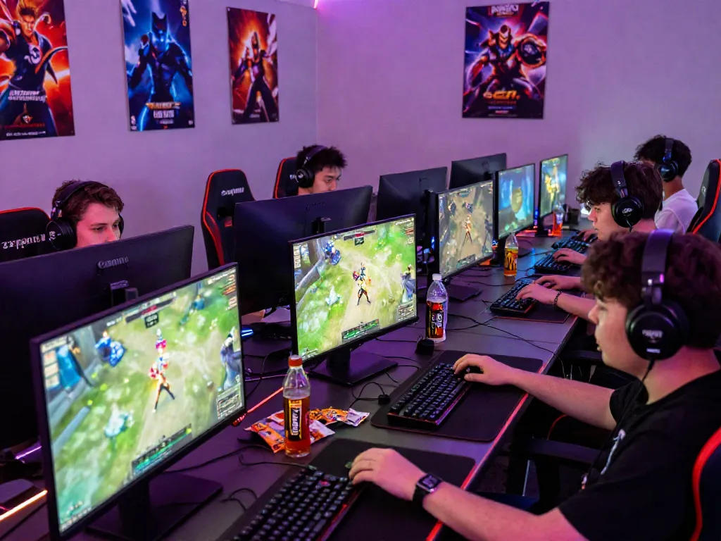 Excited gamers engaging in action-packed online games, showcasing https://manclub1.jp.net/ gaming environment with LED lights and gaming gear.