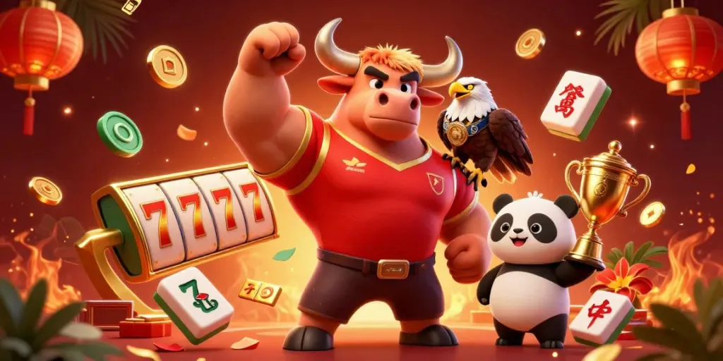 Bwing's vibrant casino illustration showcases a strong bull mascot, eagle, and panda surrounded by colorful gaming elements.