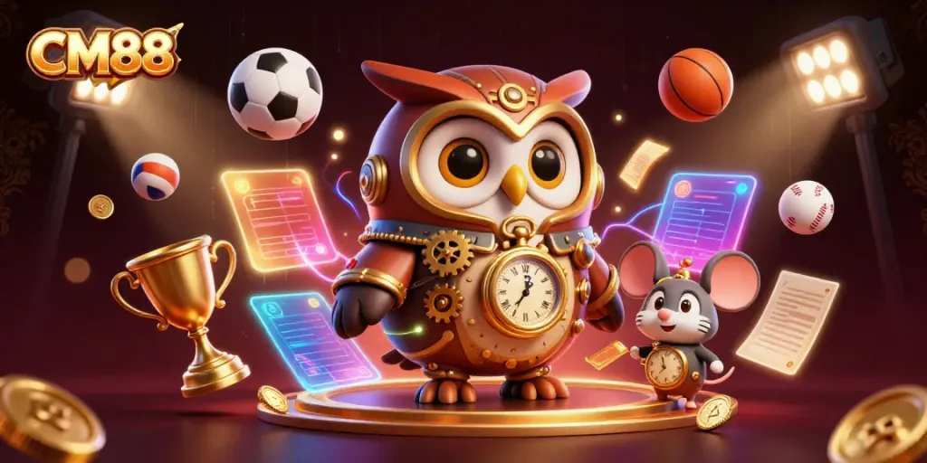 Experience thrilling moments at CM88 with a dynamic 3D casino scene featuring cartoon characters and sports elements.