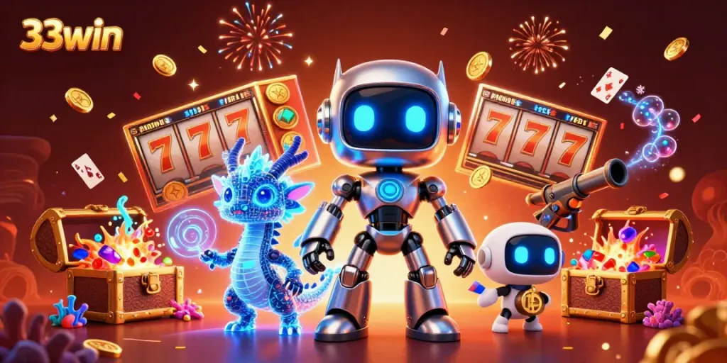 Engage in thrilling gameplay with 33win featuring a cyberpunk robot and bitcoin drone amidst vibrant casino elements.