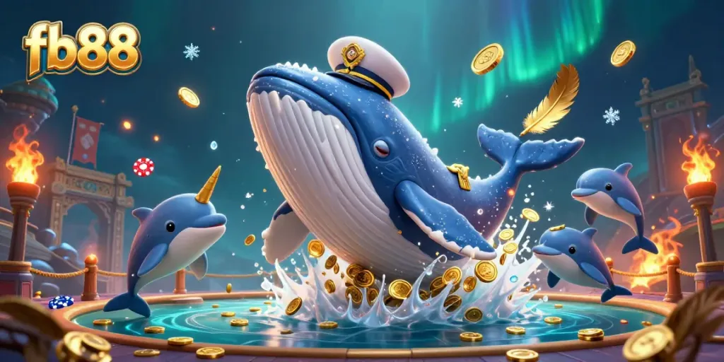 Experience the excitement of fb88 with a whale and dolphins amidst a sea of coins and casino elements.