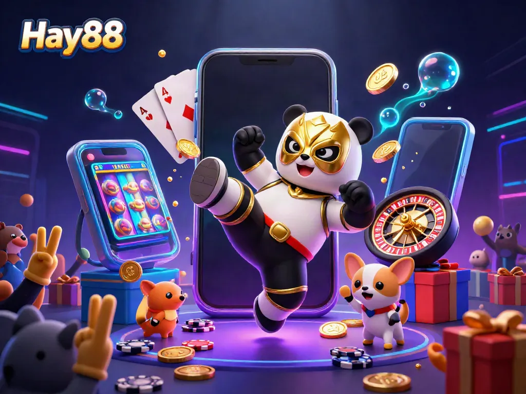 Join the excitement at Hay88 with a thrilling illustration showcasing a panda wrestler, fun games, and enthusiastic fans.