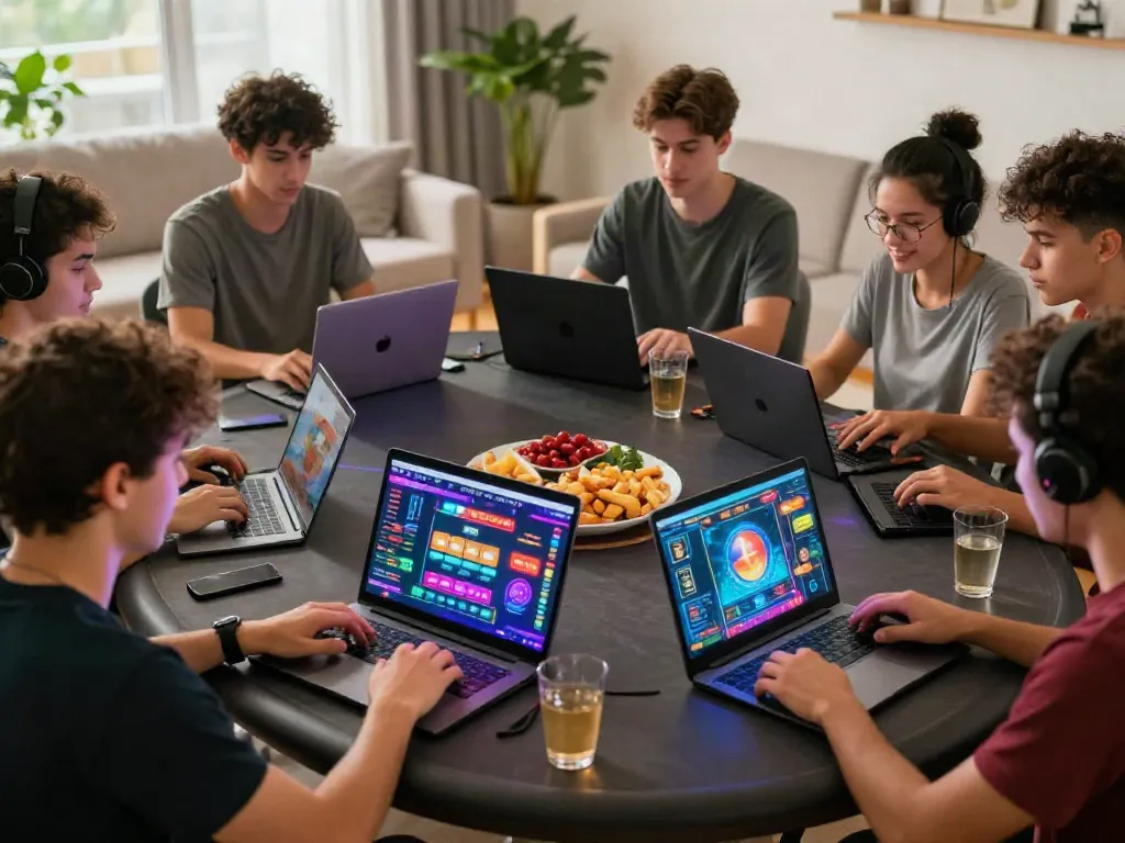 Players enjoying online credit card casinos in a lively home gaming environment.