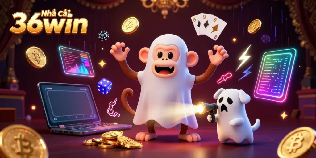 Experience Nhà cái 36win's thrilling casino atmosphere with a playful poltergeist monkey and ghost-hunter puppy.