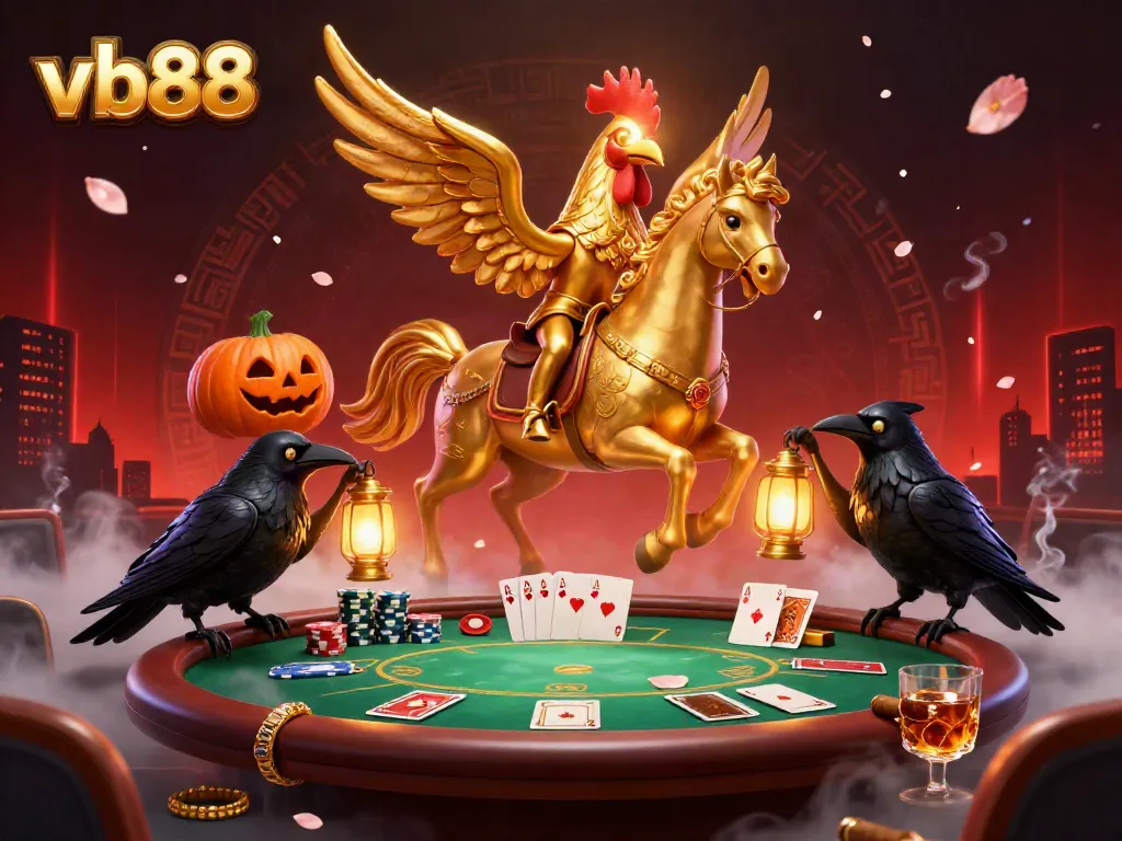 Experience the thrill of winning at vb88 with a dazzling nighttime casino illustration featuring a golden rooster and poker elements.