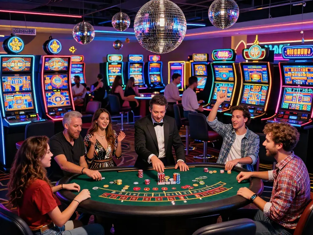 Engaging atmosphere at DiscoWin casino with players enjoying games under vibrant neon lights.
