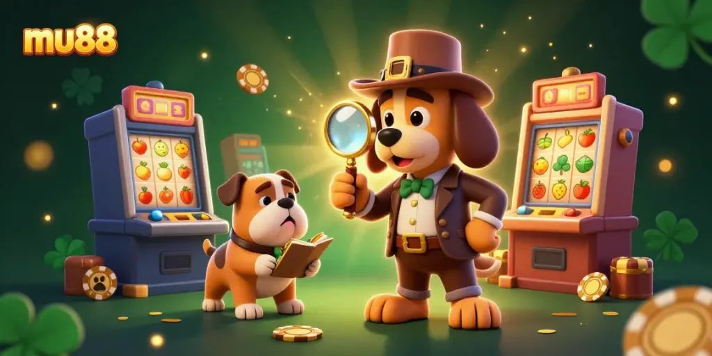 Win at Mu88 with a detective cartoon dog exploring clues in a vibrant casino scene.