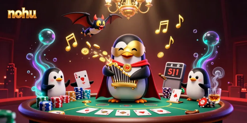 Experience the vibrant casino atmosphere of NOHU with a playful penguin and acrobatic bat.