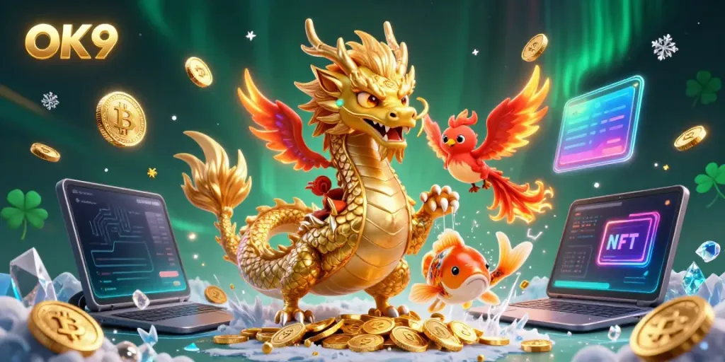 Engage with OK9 through enchanting 3D dragon and phoenix amidst a vibrant casino scene.