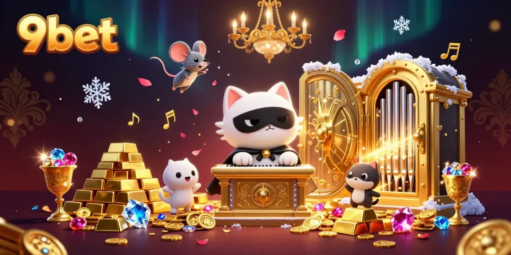 Experience the magic of 9bet: a thrilling casino scene with a phantom cat and dazzling treasures.