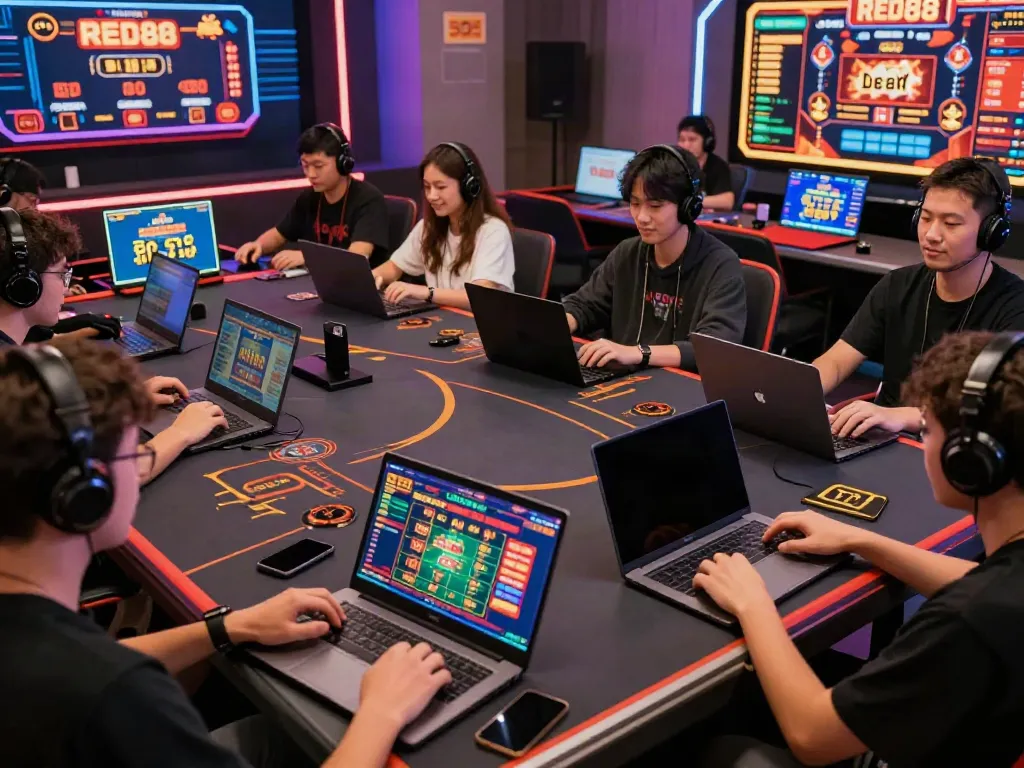 Exciting gaming scene of players engaged in online betting activities on RED88 platform.