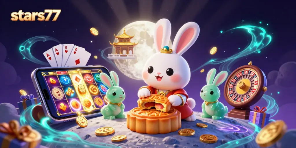 Permainan slot menarik di stars77 dengan kartun kelinci bulan yang memberi poker chip di luar bulan.