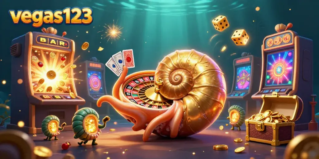 Permainan slot jackpot dan kartu di vegas123 dengan karakter nautilus cerah dan simbol keberuntungan.