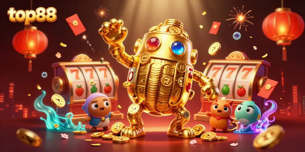 Engage with thrilling games at top88 as the golden golem spins jackpot reels amidst vibrant casino elements.