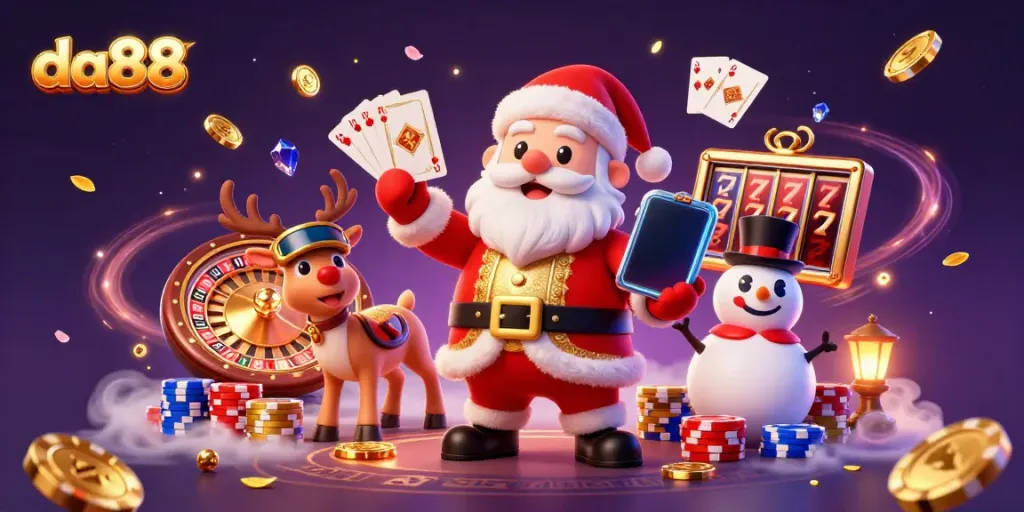 Experience thrilling wins at da88 with Santa and friends amidst cascading coins and vibrant casino elements.