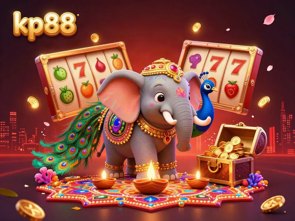 Experience kp88 with a vibrant 3D illustration showcasing a Diwali-themed elephant amid casino elements and gems.