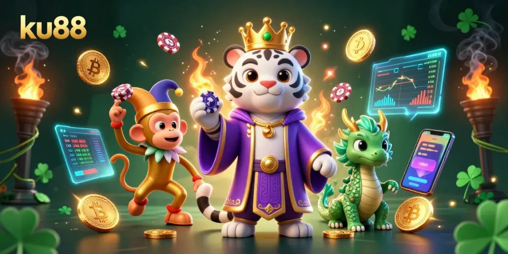 ku88 casino illustration showcasing a white tiger, golden monkey, and jade dragon amidst vibrant gaming elements.