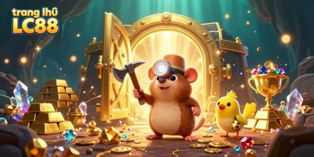 Engaging scene showing a treasure hunter mole in a cave filled with gems, symbolizing the thrills of trang chủ LC88.