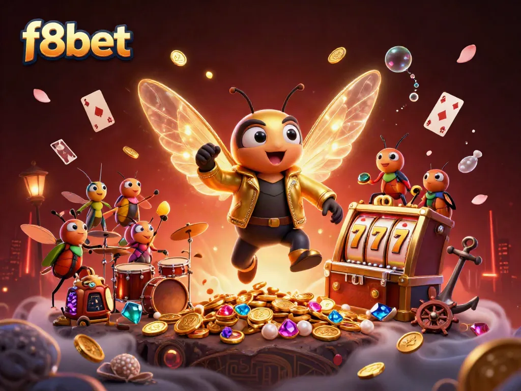 Experience the thrill of f8bet with a vibrant scene of a cicada rock star and casino game elements.