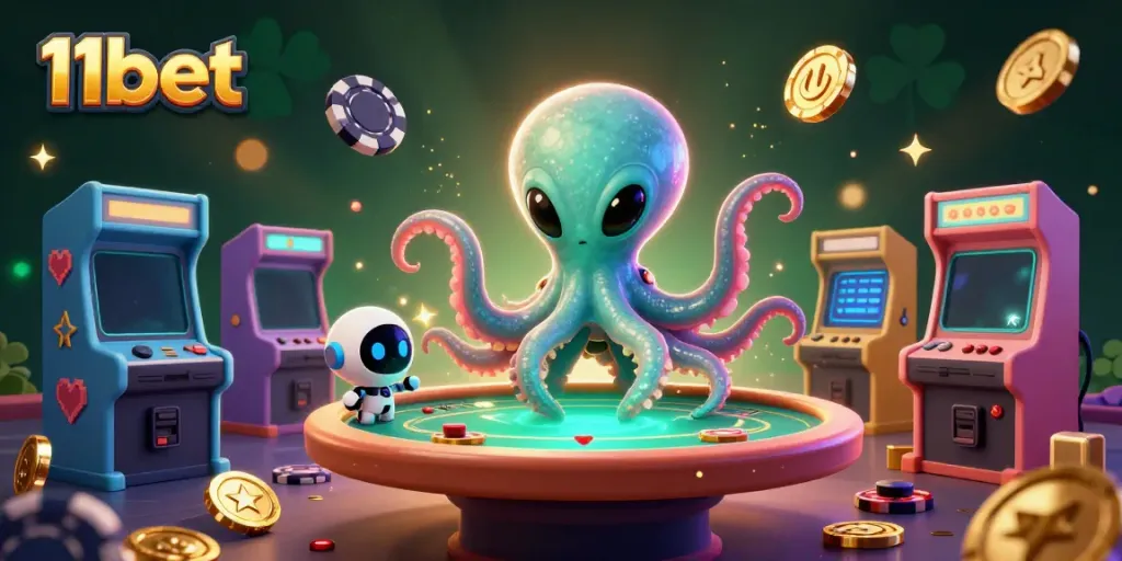 Experience thrilling play at 11bet with a vibrant alien casino scene filled with poker excitement.