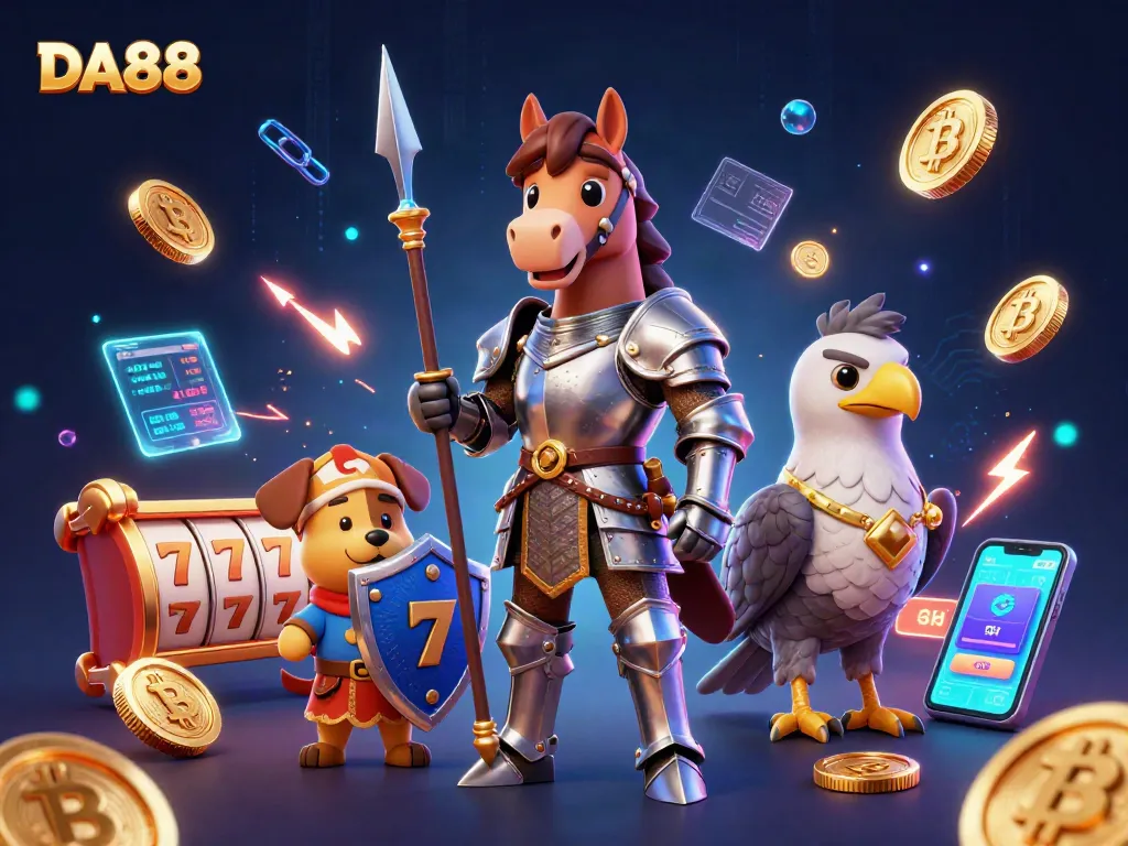 Engage with DA88’s premium gaming experience through dynamic 3D visuals of medieval-themed casino elements and cryptocurrencies.