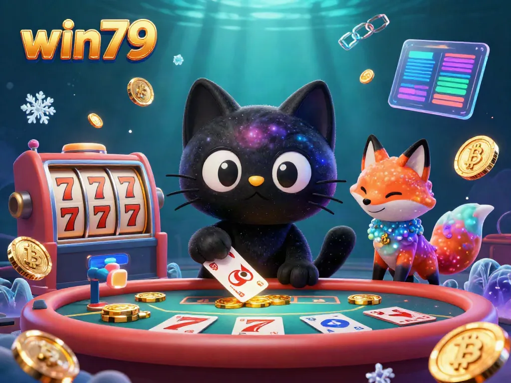 Experience the vibrant win79 cosmic casino with our charming characters pulling in golden chips and cards.
