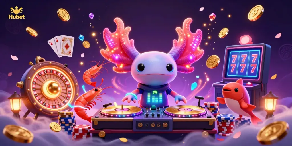 Experience the excitement of Hubet with a vibrant casino illustration featuring a neon axolotl DJ and animated sea creatures.
