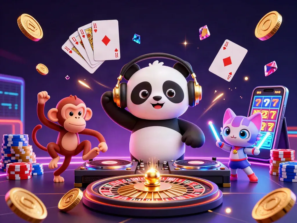 Experience QQ88’s exciting atmosphere with a DJ panda, dancing monkey, and kitten amidst dazzling casino elements.