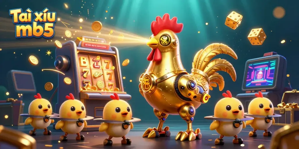 Spin the reels with Tài xỉu mb5, featuring a golden rooster robot and chick drones in a colorful casino scene.
