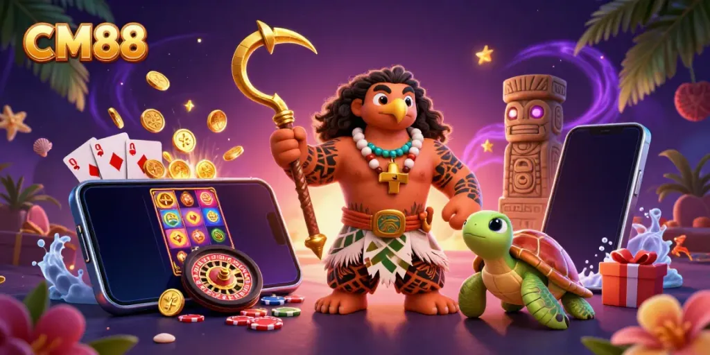Experience exciting gaming moments at CM88 with a vibrant demigod and turtle, surrounded by slot games and gold coins.