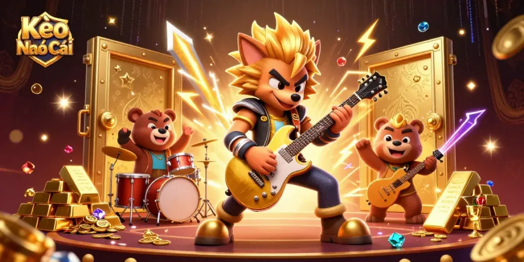 Kèo Nhà Cái features a rock star wolf and a drummer bear on a vibrant casino stage